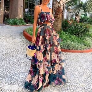 Womens Floral Dress Set Ruffle Sleeveless Crop Top Tiered Layer Maxi Skirt Large